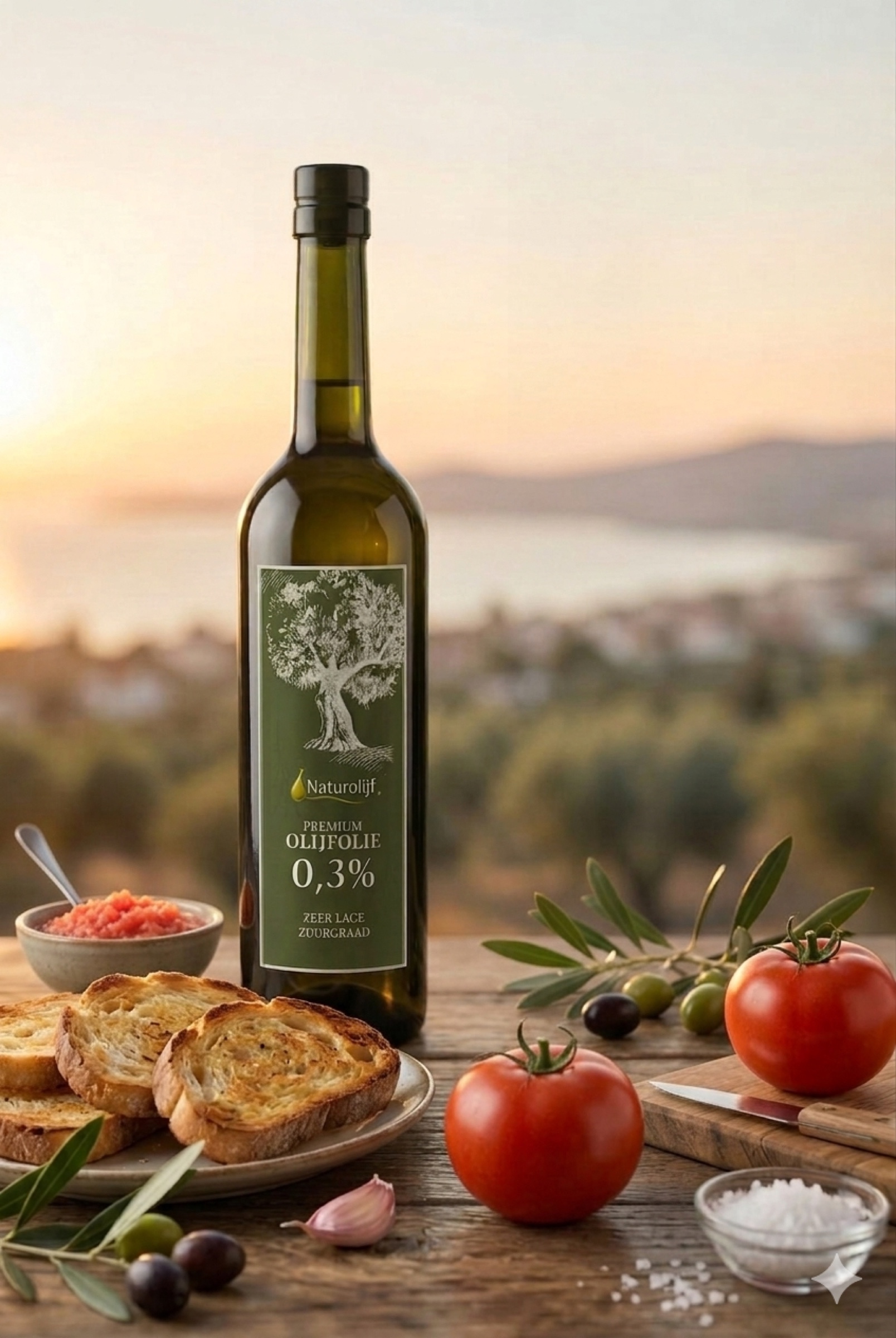 Een fles Naturolijf premium olijfolie op een rustieke houten tafel met geroosterd brood, rijpe tomaten, knoflook en olijven, met de Egeïsche zee tegen zonsondergang op de achtergrond.